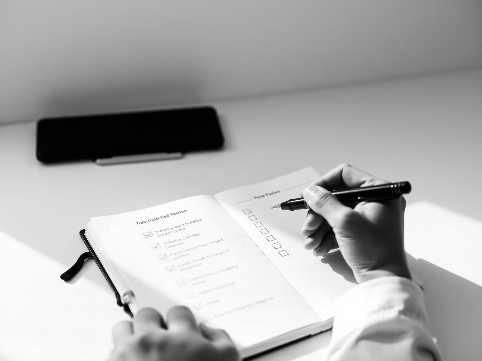 Mains cochant des cases sur une checklist imprimée
